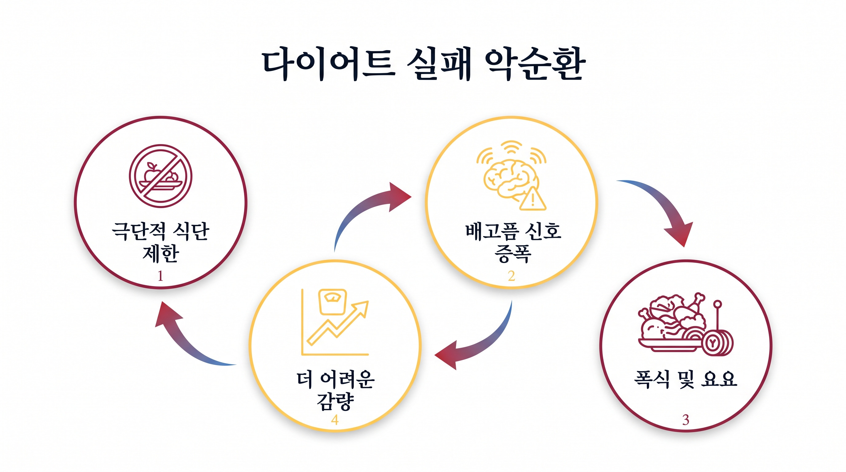다이어트 실패의 악순환 고리와 그 메커니즘을 4단계로 보여드립니다.
